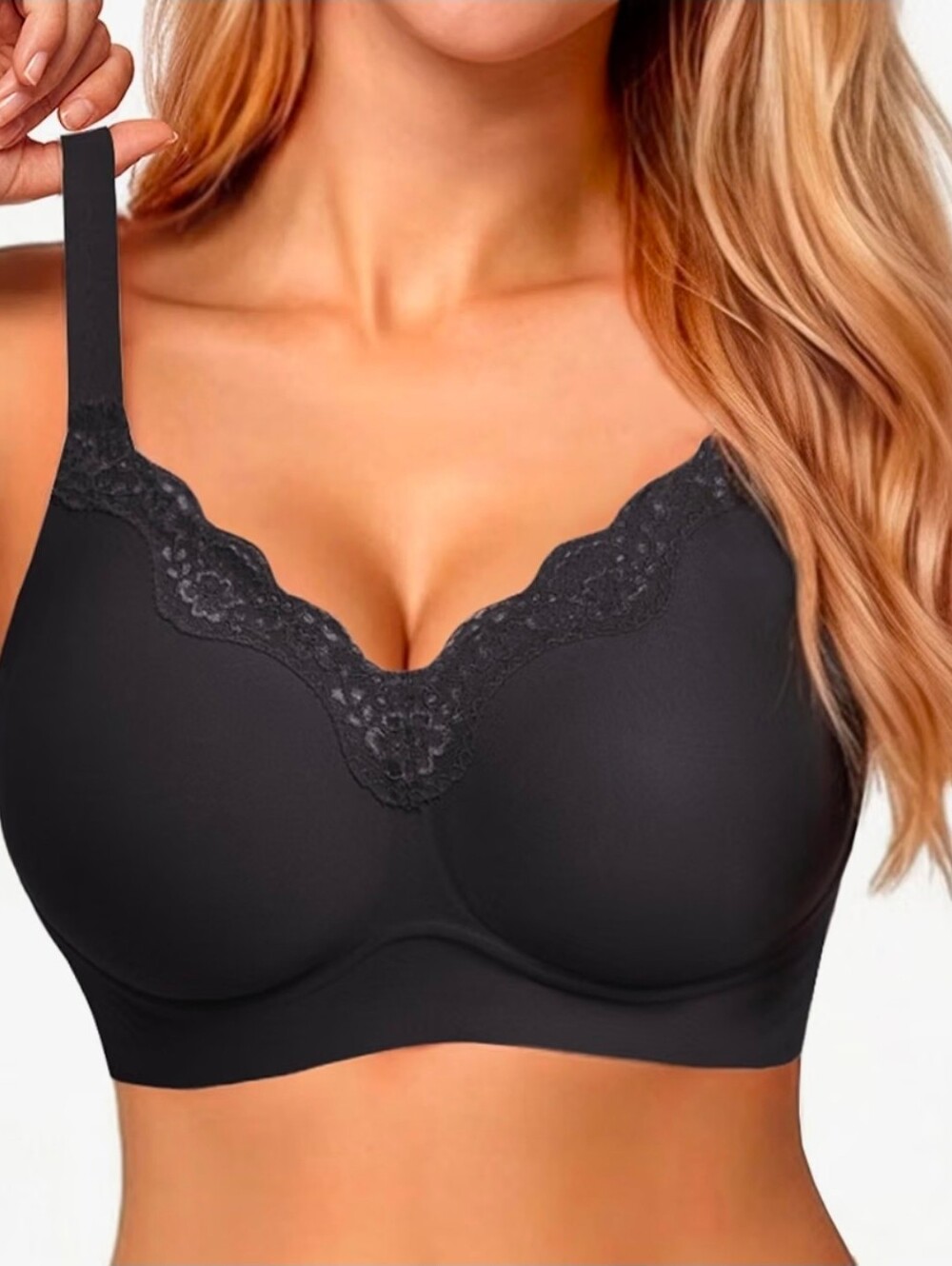 Womens Jelly Bra Black Lace-Trim Wireless Seamless Full-Coverage Convertible XL